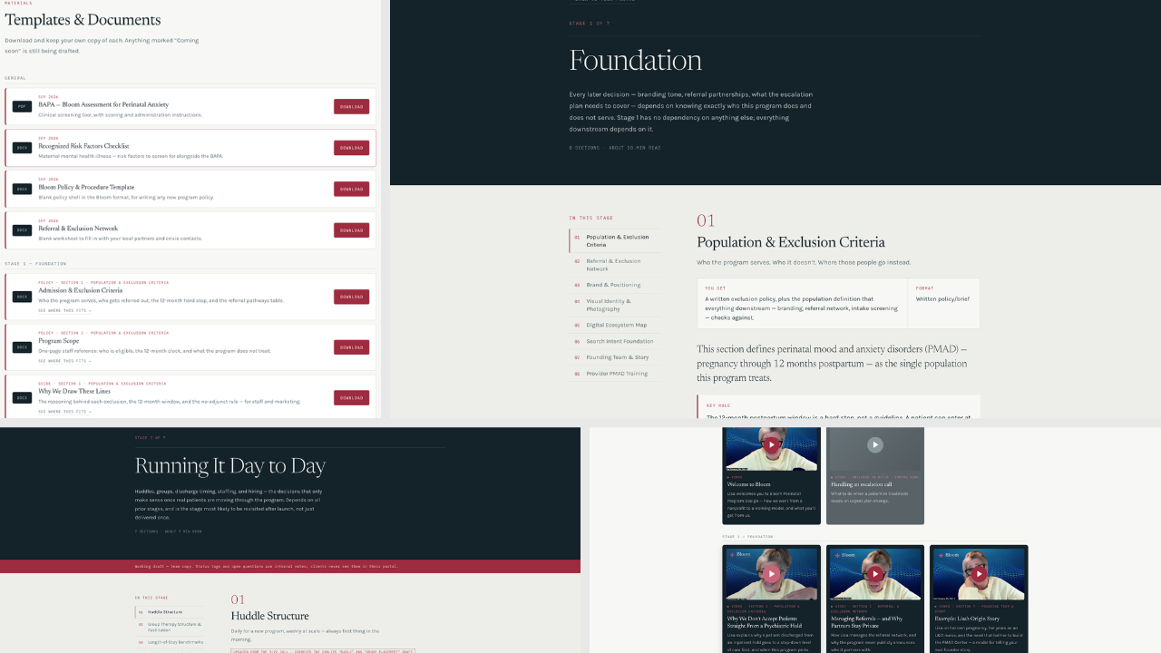 Inside the Bloom Program Partner portal: stages, videos, and downloads.