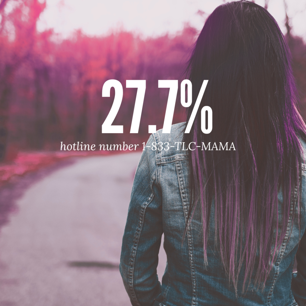 Graphic showing mental health conditions caused 27.7% of US pregnancy-related deaths in 2022, with the maternal mental health hotline number