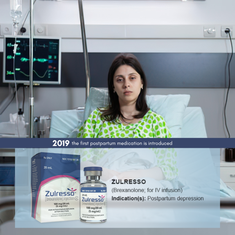 Graphic noting that the first postpartum depression medication was approved in 2019